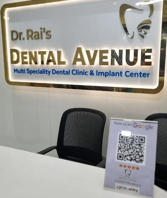 Reception sign at Dr. Rai's Dental Avenue in Thane West