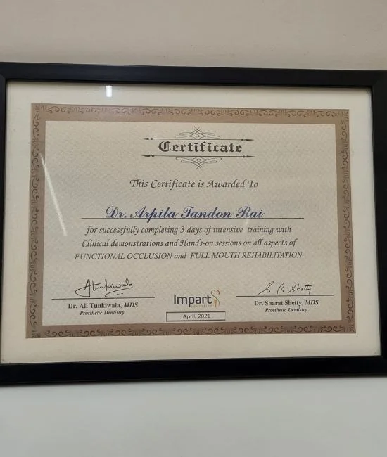 Training certificate displayed at the clinic